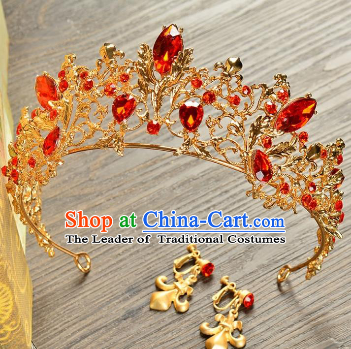 Top Grade Handmade Hair Accessories Baroque Style Palace Princess Wedding Red Crystal Vintage Royal Crown and Earrings, Bride Hair Kether Jewellery Imperial Crown for Women