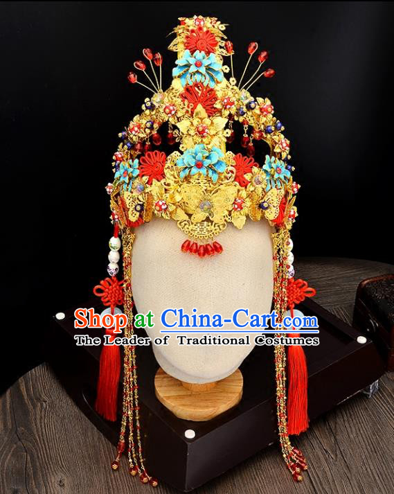 Traditional Handmade Chinese Ancient Wedding Hair Accessories Xiuhe Suit Tassel Phoenix Coronet, Bride Palace Lady Step Shake Hanfu Hair Stick for Women