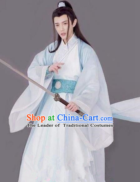 Traditional Chinese Ancient Times Swordsman Costume and Headpiece Complete Set, Xuan-Yuan Sword Legend  The Clouds of Han Chinese Prince Hanfu Robe for Men