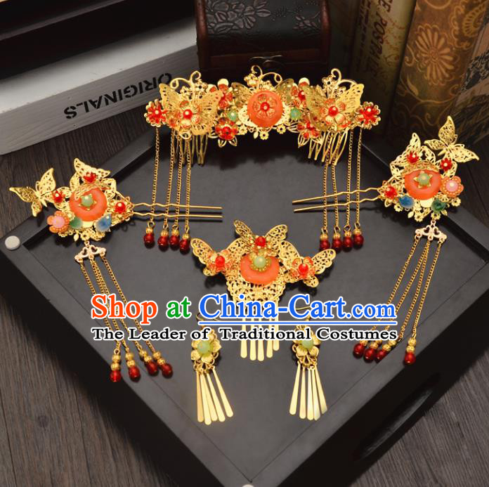 Traditional Handmade Chinese Wedding Xiuhe Suit Bride Blueing Tassel Hair Accessories Complete Set, Jade Phoenix Coronet Step Shake Hanfu Hairpins for Women