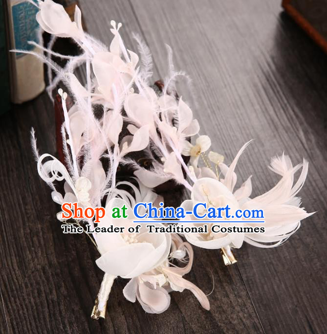 Top Grade Handmade Chinese Classical Hair Accessories Princess Wedding Baroque Headwear Pink Feather Flowers Headband Hair Clasp for Women