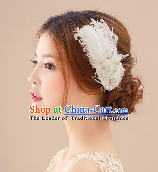 Top Grade Handmade Chinese Classical Hair Accessories Princess Wedding Baroque Headwear White Feather Headband Hair Stick for Women