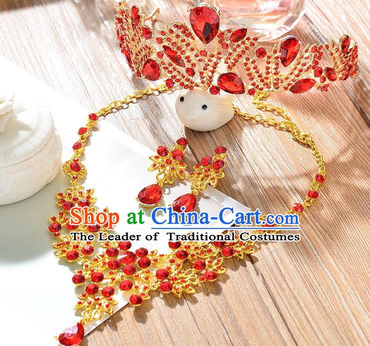 Top Grade Handmade Hair Accessories Baroque Red Crystal Imperial Crown and Necklace Earrings, Bride Wedding Hair Jewellery Queen Crystal Crown for Women