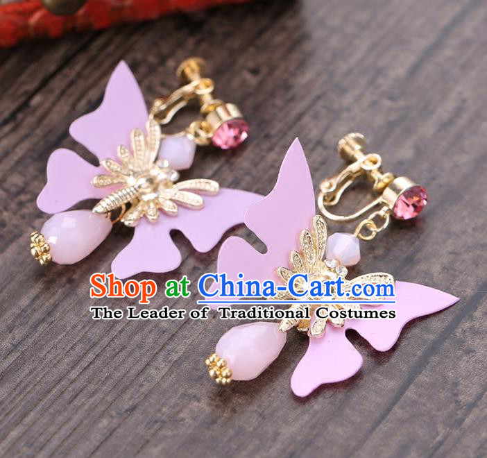 Top Grade Handmade Chinese Classical Jewelry Accessories Wedding Pink Butterfly Tassel Ear Stud Bride Hanfu Earrings for Women