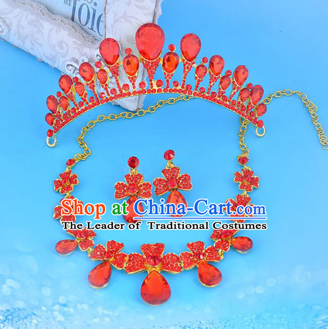 Top Grade Handmade Chinese Classical Jewelry Accessories Wedding Red Crystal Bowknot Royal Crown and Necklace Earrings Bride Hanfu Headgear for Women