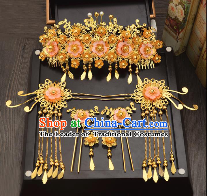Traditional Handmade Chinese Wedding Xiuhe Suit Bride Hair Accessories Complete Set, Tassel Pink Flowers Phoenix Coronet Step Shake Hanfu Hairpins for Women
