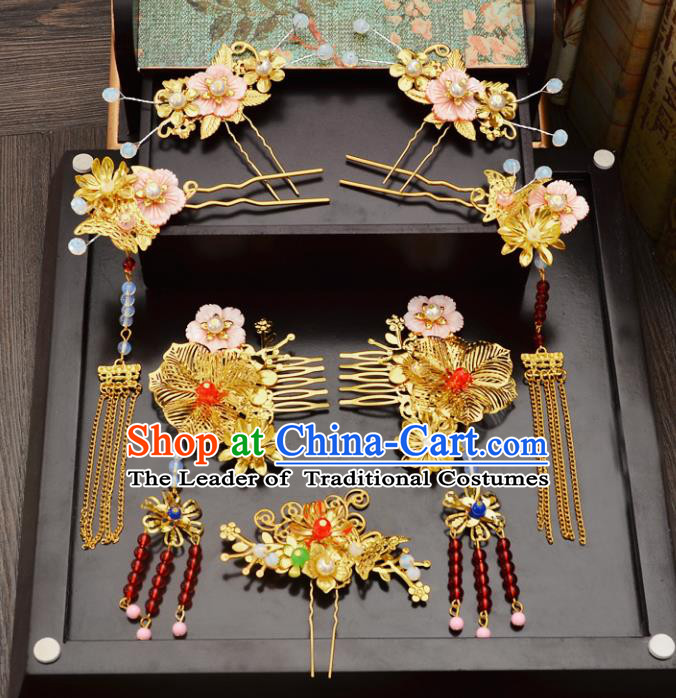 Traditional Handmade Chinese Wedding Xiuhe Suit Bride Hair Accessories Complete Set, Tassel Golden Flowers Hair Comb Step Shake Hanfu Hairpins for Women