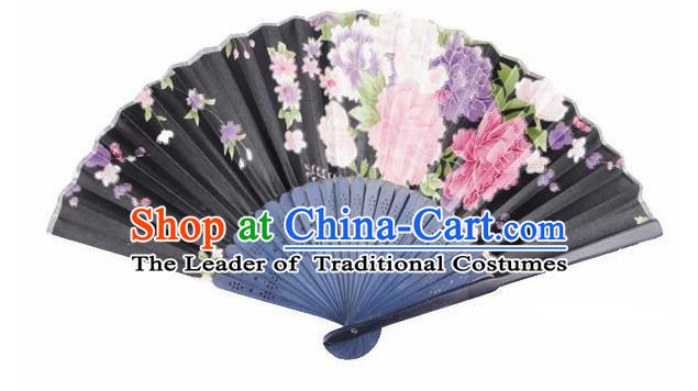 Traditional Chinese Crafts Silk Folding Fan China Sensu Japan Printing Flowers Dance Black Accordion Fan for Women