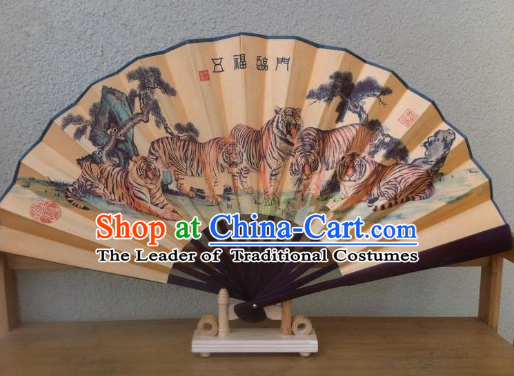 Traditional Chinese Crafts Silk Folding Fan China Sensu Printing Five Tigers Accordion Fan for Men