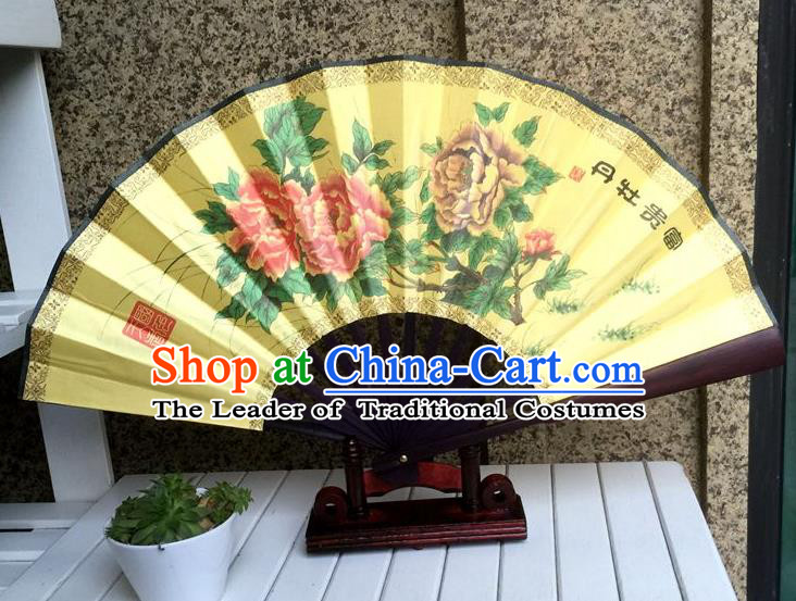 Traditional Chinese Crafts Peking Opera Folding Fan China Sensu Printing Peony Flowers Dance Accordion Silk Fan for Women