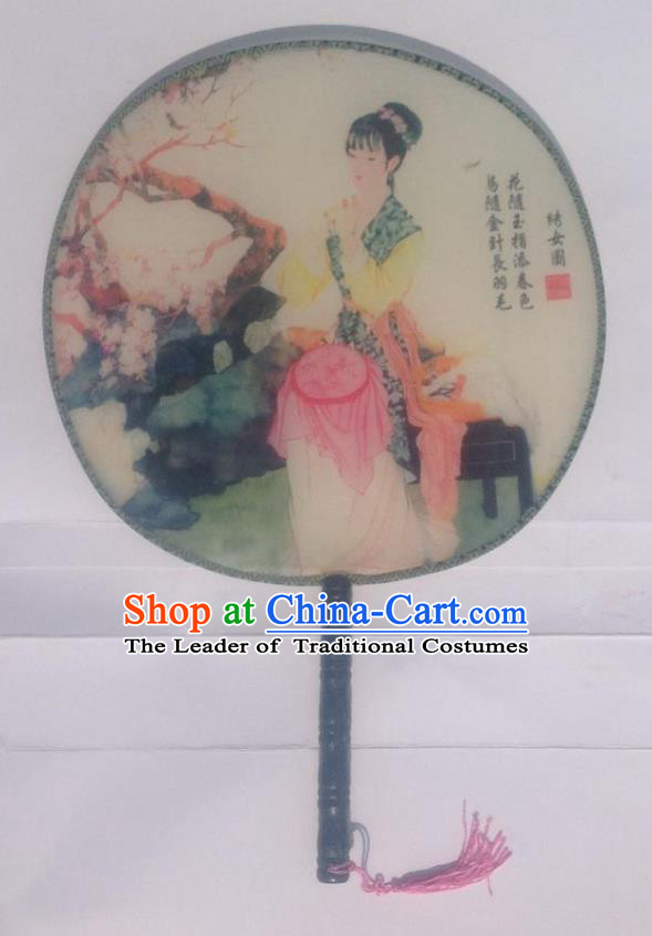 Traditional Chinese Crafts Ancient Palace Lady Dance Round Silk Fan, China Hand Painting Embroidered Beauty Imperial Concubine Hanfu Circular Fan for Women