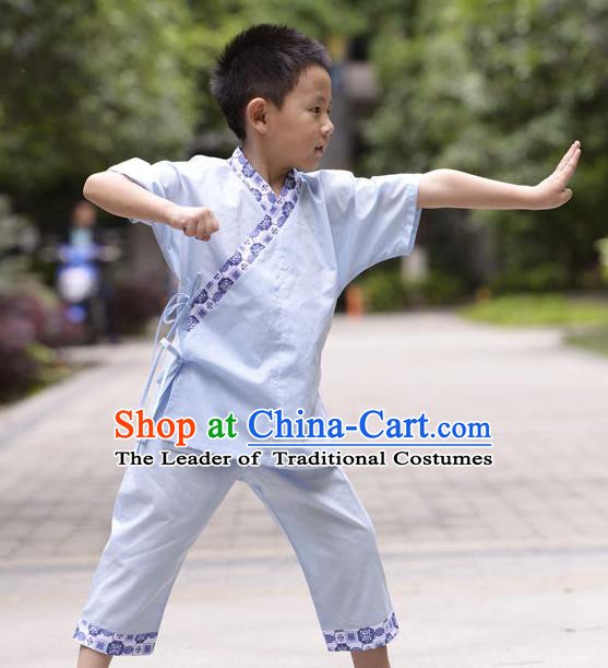 Traditional Chinese Han Dynasty Children Hanfu Kungfu Costume, China Ancient Martial Arts Blue Clothing for Kids