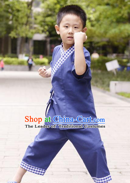 Traditional Chinese Han Dynasty Children Hanfu Kungfu Costume, China Ancient Martial Arts Deep Blue Clothing for Kids