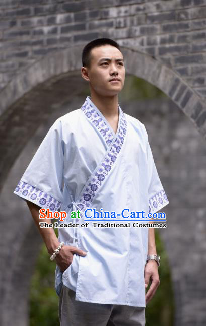 Traditional Chinese Han Dynasty Nobility Childe Hanfu Costume Slant Opening Grey Shirt, China Ancient Martial Arts Upper Garment Clothing for Men