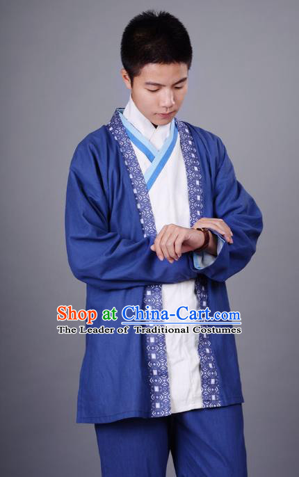 Traditional Chinese Han Dynasty Nobility Childe Hanfu Costume Slant Opening White Shirt and Cardigan, China Ancient Martial Arts Upper Garment Clothing for Men