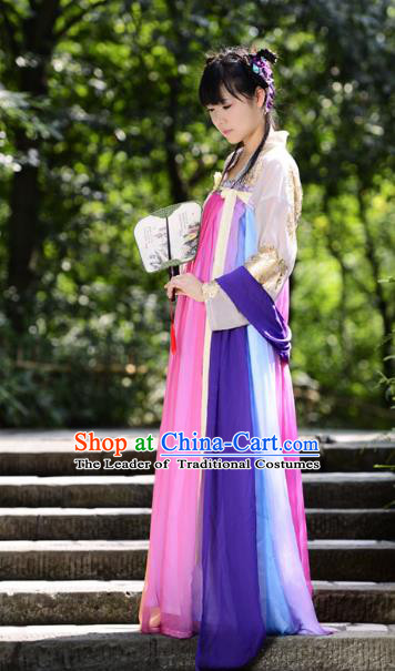Traditional Chinese Tang Dynasty Young Lady Hanfu Costume, China Ancient Princess Rainbow Dress Clothing for Women