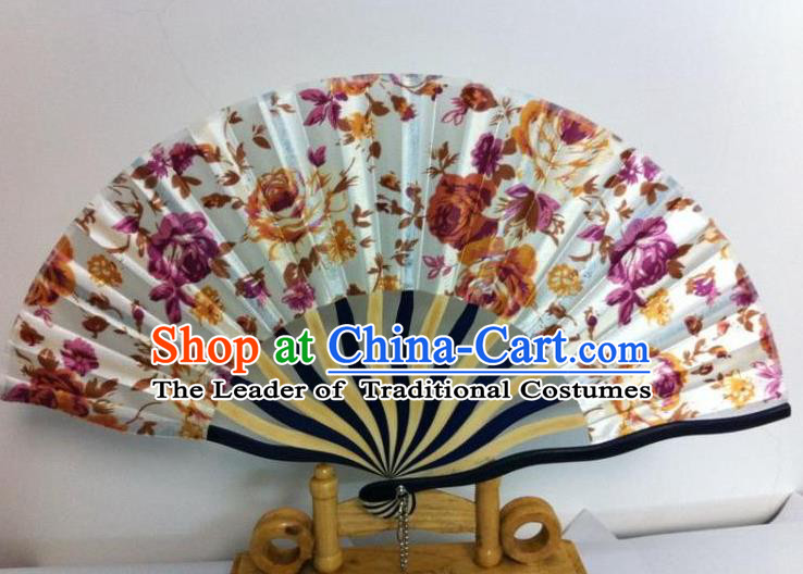Traditional Chinese Crafts Peking Opera Folding Fan China Sensu Hand Painting Purple Flowers Chinese Silk Dance Fan for Women