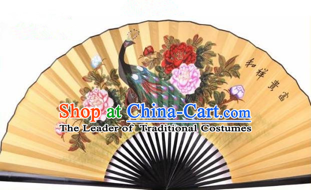 Traditional Chinese Crafts Peking Opera Folding Fan China Sensu Handmade Chinese Painting Peony Peacock Xuan Paper Fan for Men