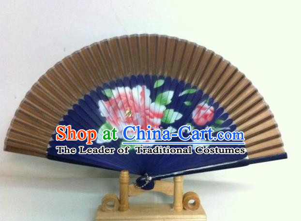 Traditional Chinese Crafts Peking Opera Folding Fan China Sensu Handmade Chinese Painting Peony Navy Fan for Women