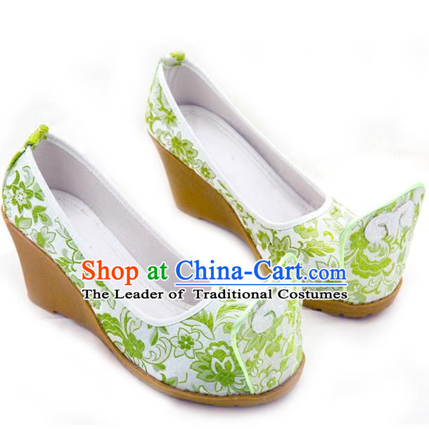 Traditional Chinese Ancient Wedding Cloth Shoes, China Princess Shoes Hanfu Handmade Embroidery Green Become Warped Head Shoe for Women