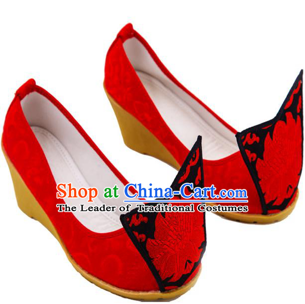 Traditional Chinese Ancient Wedding Cloth Shoes, China Princess Wedding Shoes Hanfu Handmade Embroidery Red Become Warped Head Shoe for Women