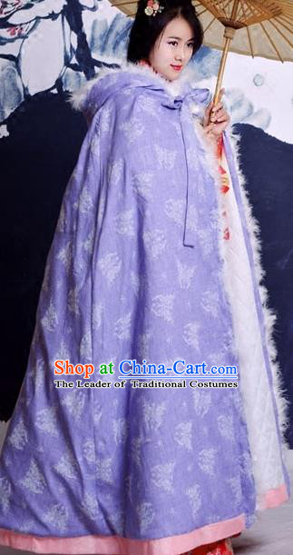 Traditional Ancient Chinese Costume Han Dynasty Princess Purple Cloak, Elegant Hanfu Clothing Chinese Embroidery Butterfly Cape Clothing for Women