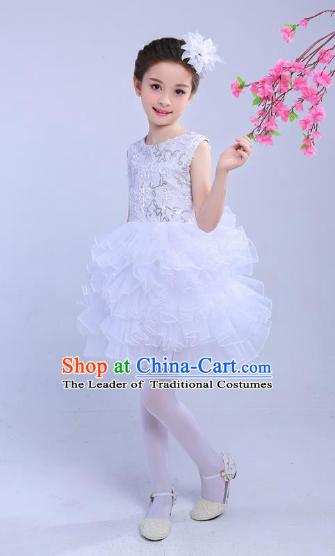 Top Grade Chinese Compere Professional Performance Catwalks Costume, Children Princess Bubble White Full Dress Modern Dance Dress for Girls Kids
