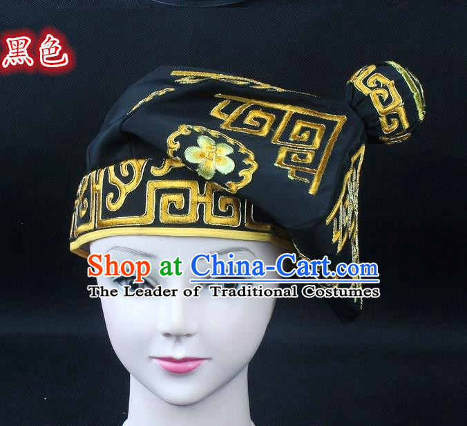 Traditional China Beijing Opera Takefu Hat, Ancient Chinese Peking Opera Martial Arts Men Headwear Embroidery Black Kerchief