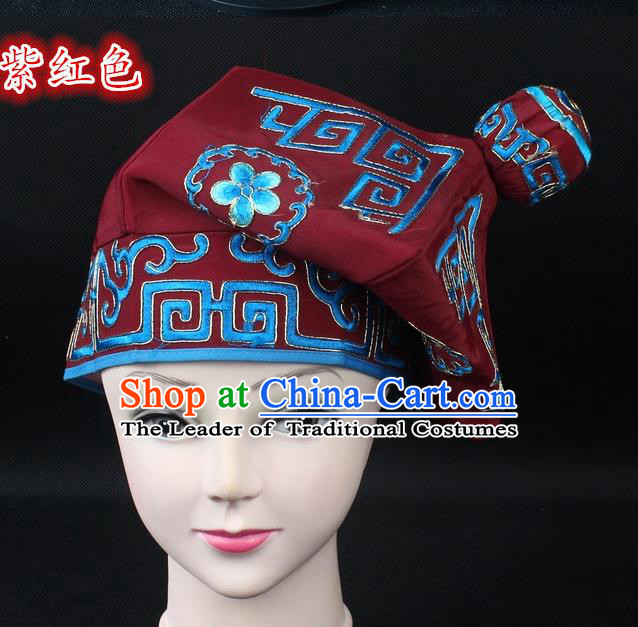 Traditional China Beijing Opera Takefu Hat, Ancient Chinese Peking Opera Martial Arts Men Headwear Embroidery Purplish Red Kerchief