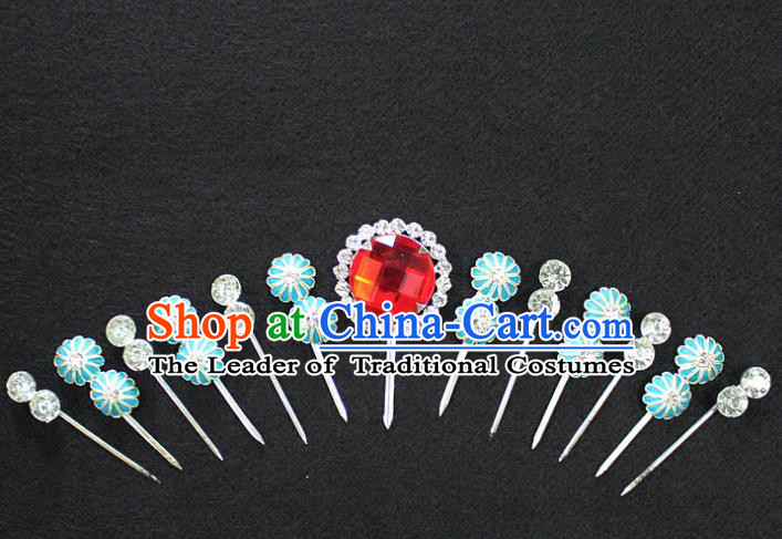 Traditional China Beijing Opera Young Lady Hair Accessories Complete Set, Ancient Chinese Peking Opera Hua Tan Headwear Diva Red Crystal Hairpins