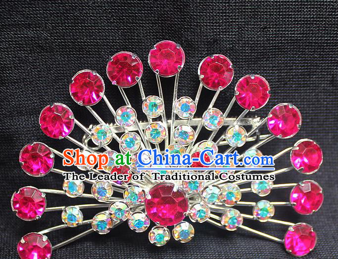 Traditional China Beijing Opera Young Lady Jewelry Accessories Collar Brooch, Ancient Chinese Peking Opera Hua Tan Diva Rosy Crystal Fanshaped Breastpin
