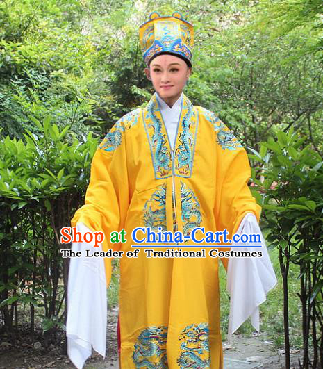 Traditional China Beijing Opera Costume Emperor Embroidered Robe and Headwear Complete Set, Ancient Chinese Peking Opera Embroidery Dragon Gwanbok Clothing