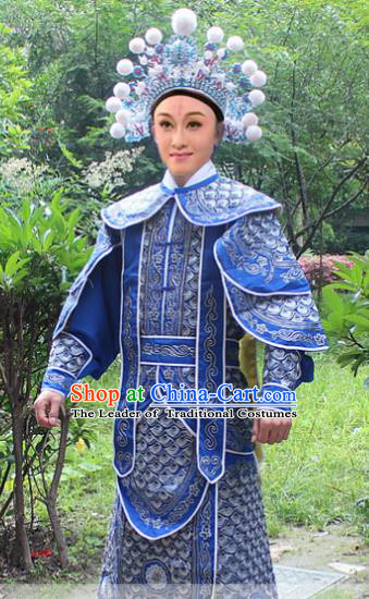 Traditional China Beijing Opera Costume Yang Warrior Robe and Headwear Complete Set, Ancient Chinese Peking Opera Soldier Blue Gwanbok Clothing