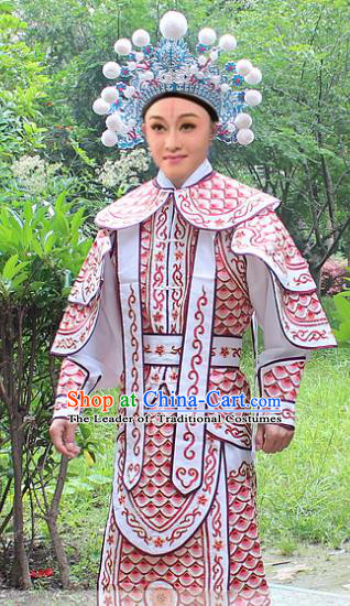 Traditional China Beijing Opera Costume Yang Warrior Robe and Headwear Complete Set, Ancient Chinese Peking Opera Soldier Pink Gwanbok Clothing