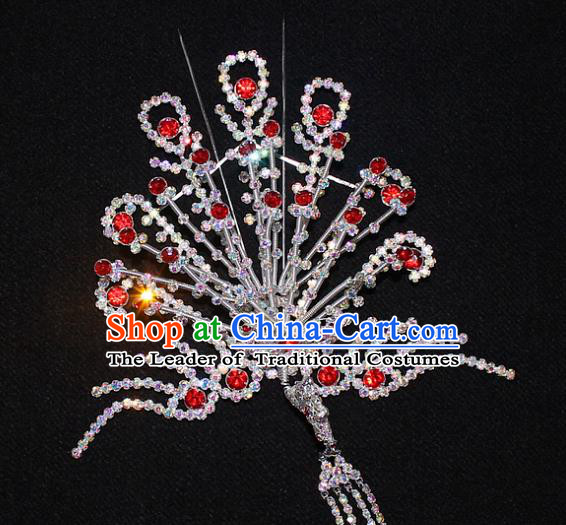 Traditional China Beijing Opera Young Lady Hair Accessories Phoenix Tassel Step Shake, Ancient Chinese Peking Opera Hua Tan Headwear Diva Red Crystal Empress Hairpins