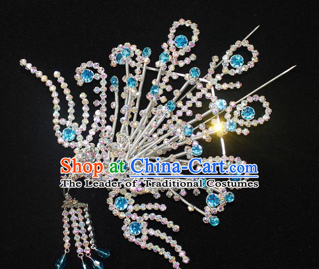 Traditional China Beijing Opera Young Lady Hair Accessories Phoenix Tassel Step Shake, Ancient Chinese Peking Opera Hua Tan Headwear Diva Blue Crystal Empress Hairpins