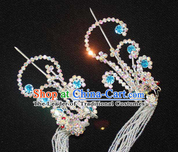 Traditional China Beijing Opera Young Lady Hair Accessories Tassel Step Shake, Ancient Chinese Peking Opera Hua Tan Headwear Diva Crystal Empress Phoenix Hairpins