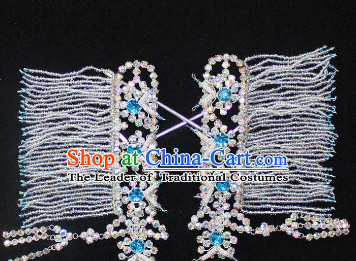 Traditional China Beijing Opera Young Lady Hair Accessories Temples Tassel Step Shake, Ancient Chinese Peking Opera Hua Tan Headwear Diva Blue Crystal Empress Hairpins