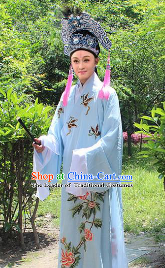 Traditional China Beijing Opera Young Men Costume and Hat, Ancient Chinese Peking Opera Niche Embroidery Blue Clothing