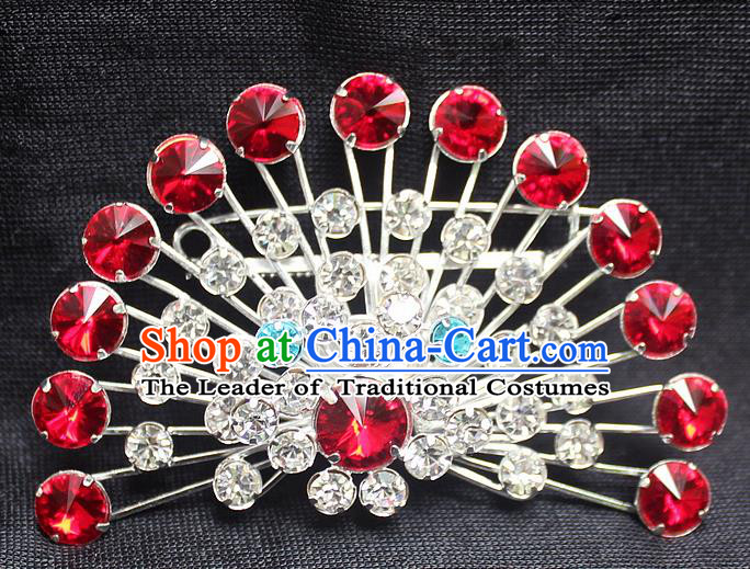 Traditional China Beijing Opera Young Lady Jewelry Accessories Collar Brooch, Ancient Chinese Peking Opera Hua Tan Diva Red Crystal Fanshaped Breastpin