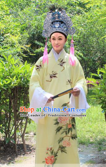 Traditional China Beijing Opera Young Men Costume and Hat, Ancient Chinese Peking Opera Niche Embroidery Yellow Clothing