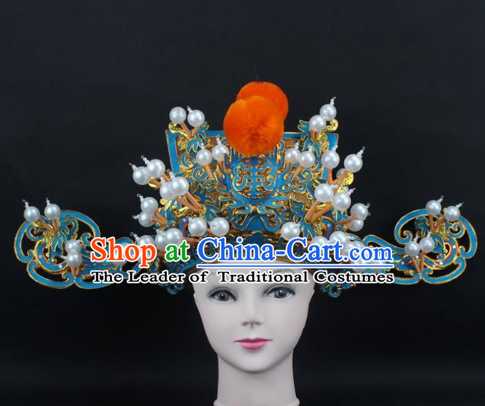 Traditional China Beijing Opera God of Wealth Hat, Ancient Chinese Peking Opera Men Headwear Prime Minister Hat