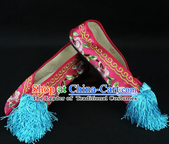Traditional China Beijing Opera Hua Tan Embroidered Red Shoes, Ancient Chinese Peking Opera Young Lady Diva Princess Blood Stained Shoes