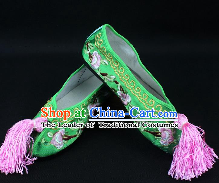 Traditional China Beijing Opera Hua Tan Embroidered Green Shoes, Ancient Chinese Peking Opera Young Lady Diva Princess Blood Stained Shoes