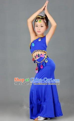 Traditional Chinese Dai Nationality Peacock Dance Costume, Folk Dance Ethnic Costume, Chinese Minority Nationality Dance Blue Dress for Kids