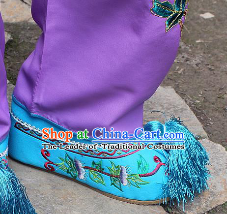 Traditional China Beijing Opera Hua Tan Embroidered Shoes, Ancient Chinese Peking Opera Young Lady Diva Princess Blue Blood Stained Shoes