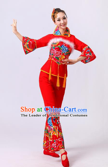 Traditional Chinese Classical Dance Yangge Fan Dance Wool Costume, Folk Dance Drum Dance Clothing Yangko Red Uniform for Women
