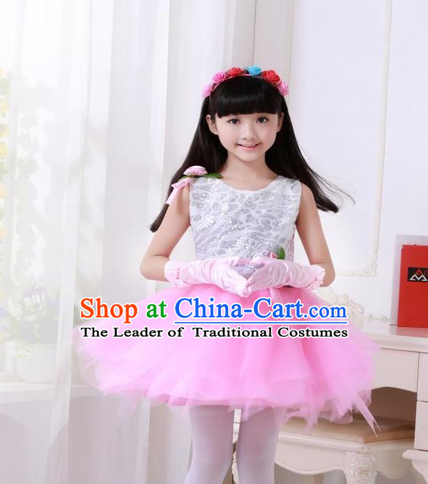 Top Grade Chinese Compere Professional Performance Catwalks Costume, Children Princess Pink Veil Bubble Full Dress Modern Dance Dress for Girls Kids