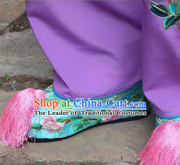 Traditional China Beijing Opera Hua Tan Embroidered Light Blue Shoes, Ancient Chinese Peking Opera Young Lady Diva Princess Embroidery Blood Stained Shoes