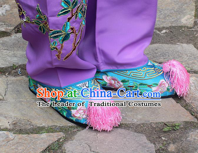 Traditional China Beijing Opera Hua Tan Embroidered Blue Shoes, Ancient Chinese Peking Opera Young Lady Diva Princess Embroidery Blood Stained Shoes